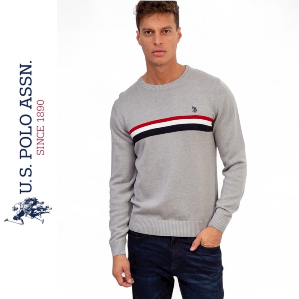 U.S. POLO ASSN HEATHER GREY MENS CHEST STRIPE CREWNECK SWEATER **NWT**